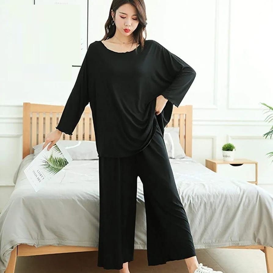 Deep Black Palazzo PJ Set (Round Neck)