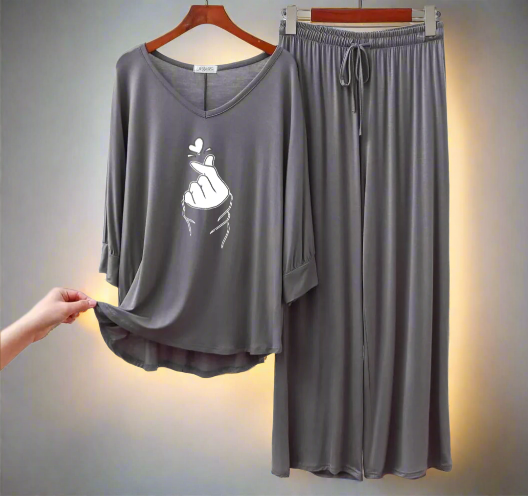 Dark Grey K-Pop Round Neck Palazzo PJ Set