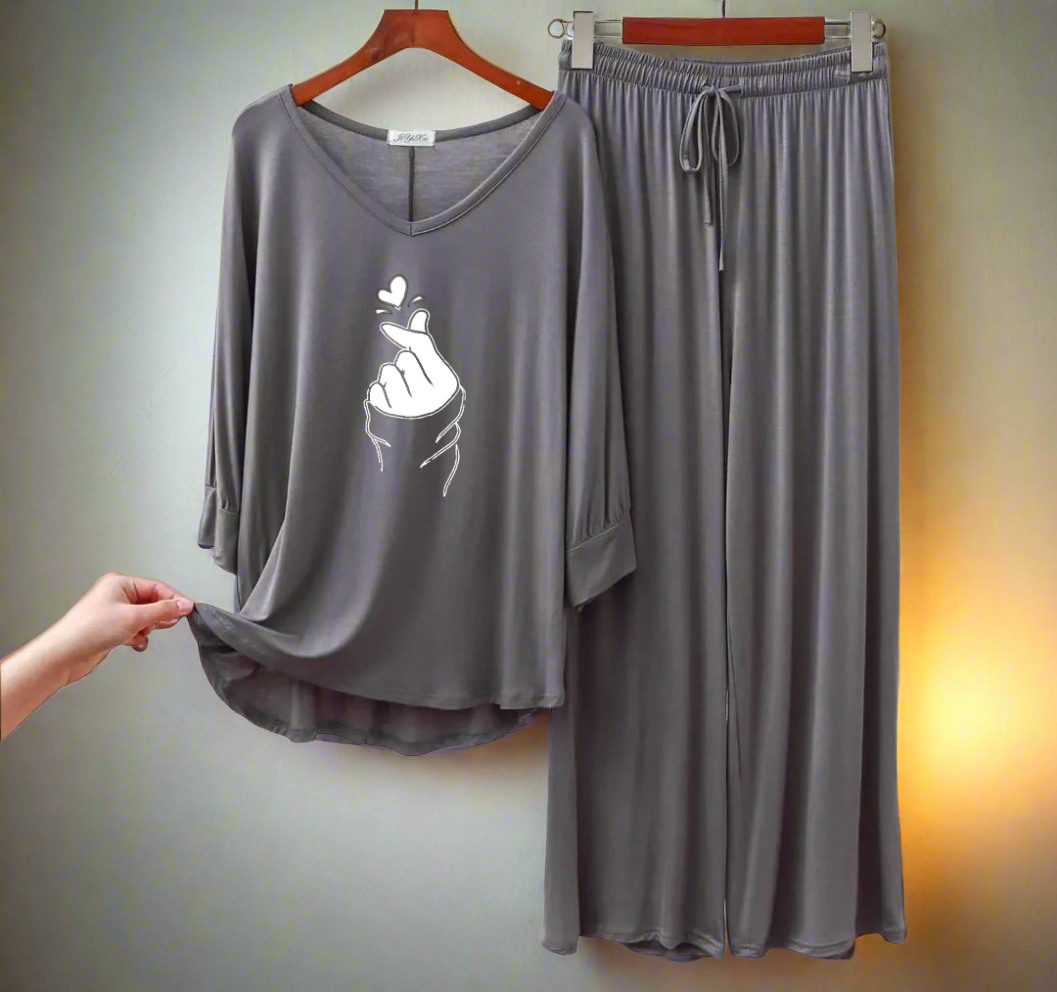 Dark Grey K-Pop Round Neck Palazzo PJ Set