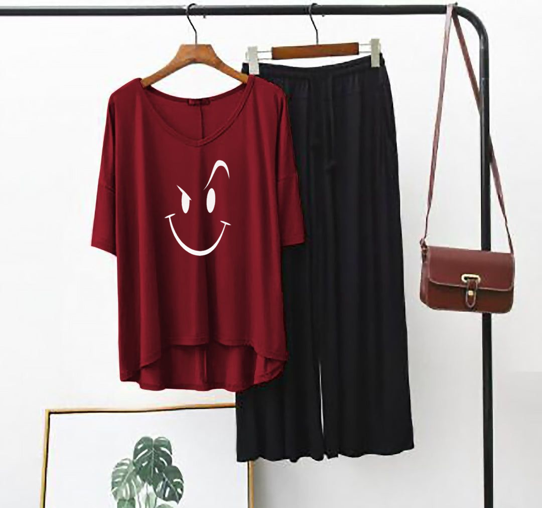 Maroon Smiley Face V Neck Half Sleeves T Shirt with Black Palazzo