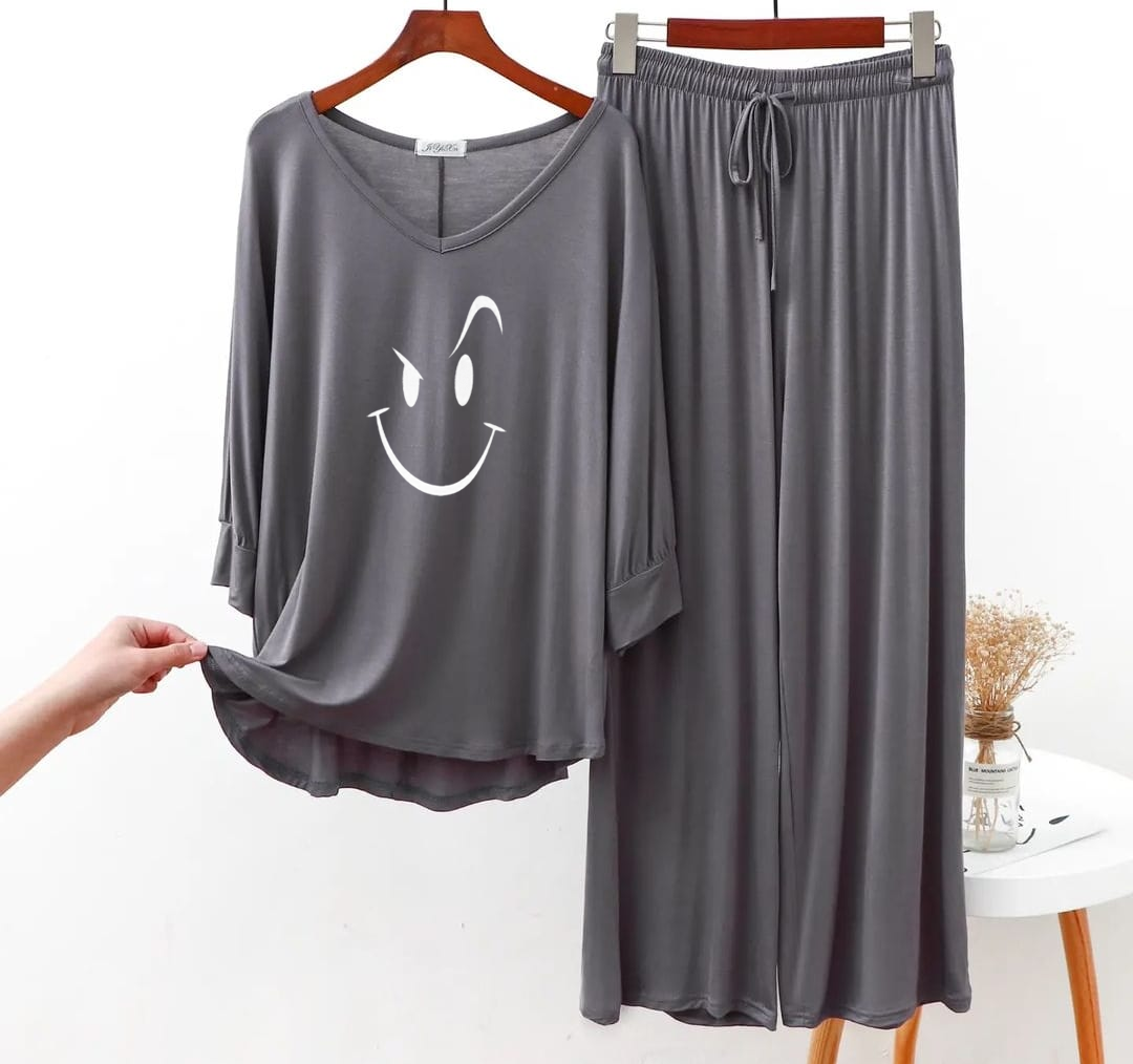 Gray Smiley Face V Neck with Palazzo Pajama Full Sleeves Suit