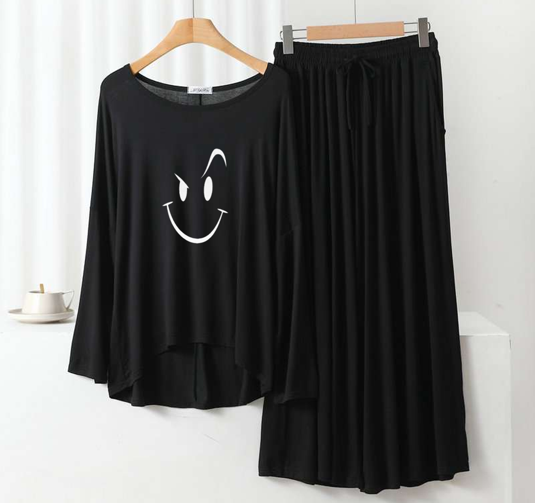 Deep Black Smiley Face Palazzo PJ Set (Round Neck)