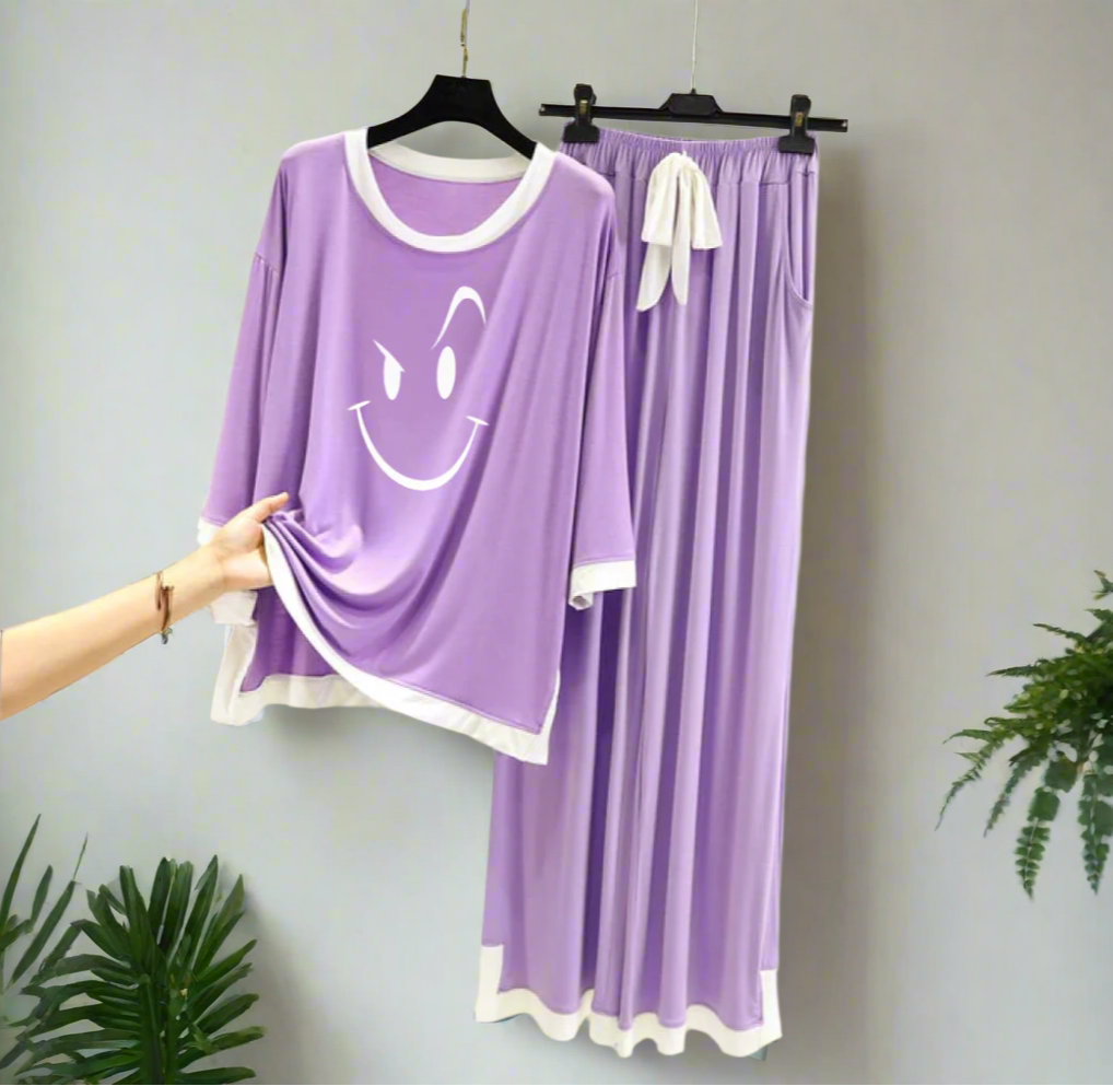 Purple Smiley Face White Round Neck Palazzo PJ Set