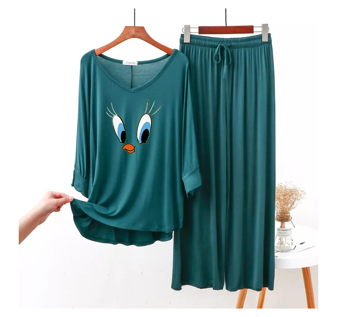 Persian Blue Daffy Duck V-Neck Full Sleeves Women Night Suit PJ Set