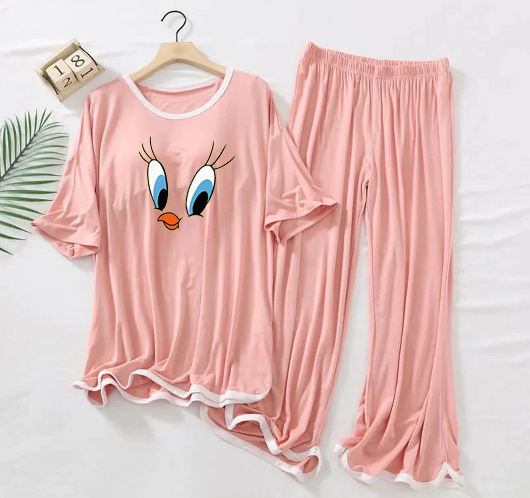 Rose Pink Daffy Duck Half Sleeves Palazzo PJ Set (Round Neck)