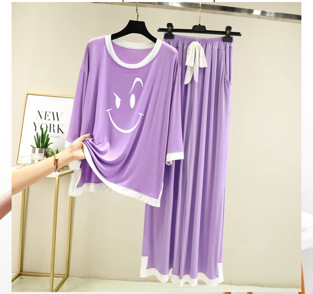 Purple Smiley Face White Round Neck Plazzo PJ Set