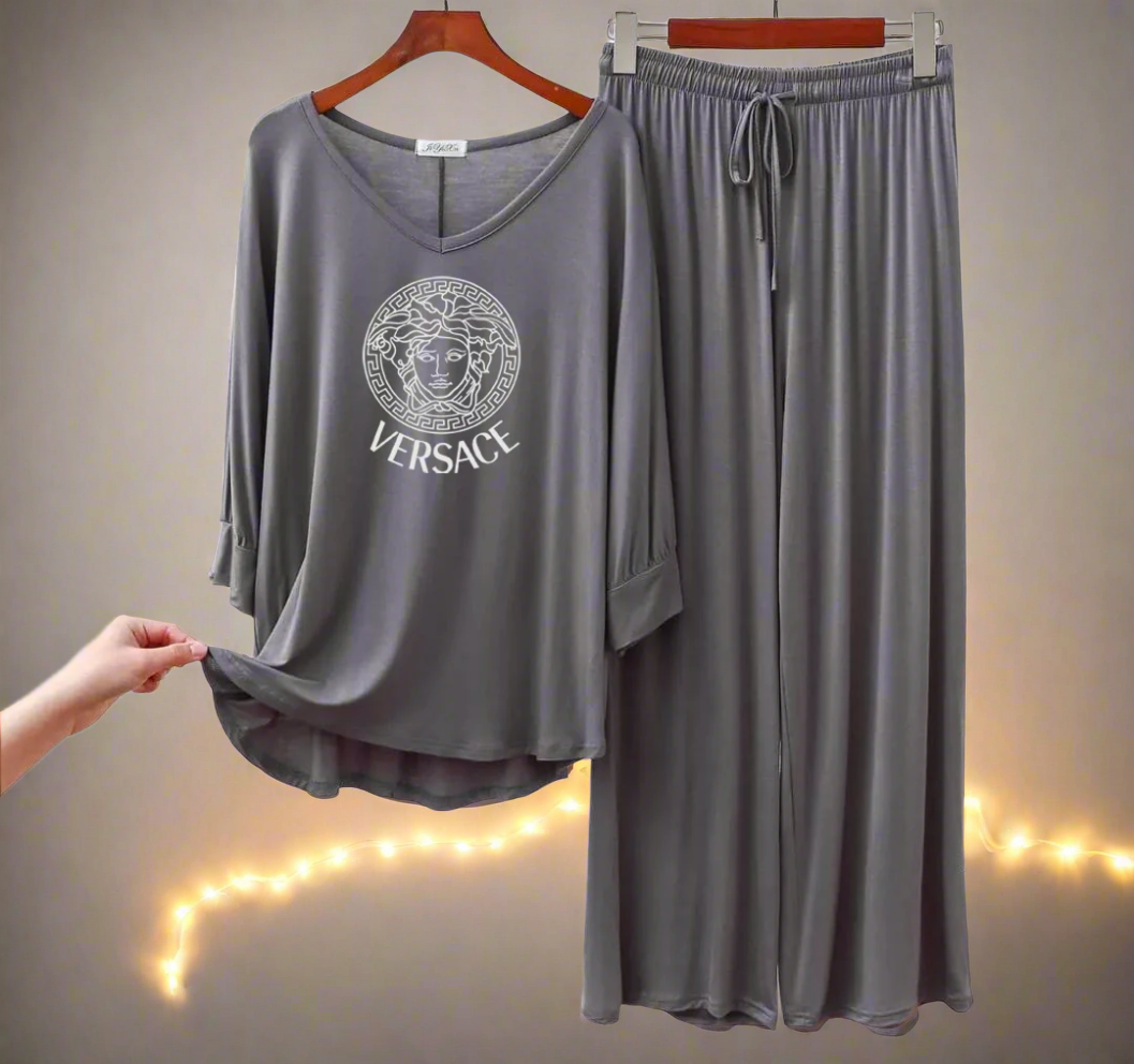 Dark Grey Versace Round Neck Palazzo PJ Set