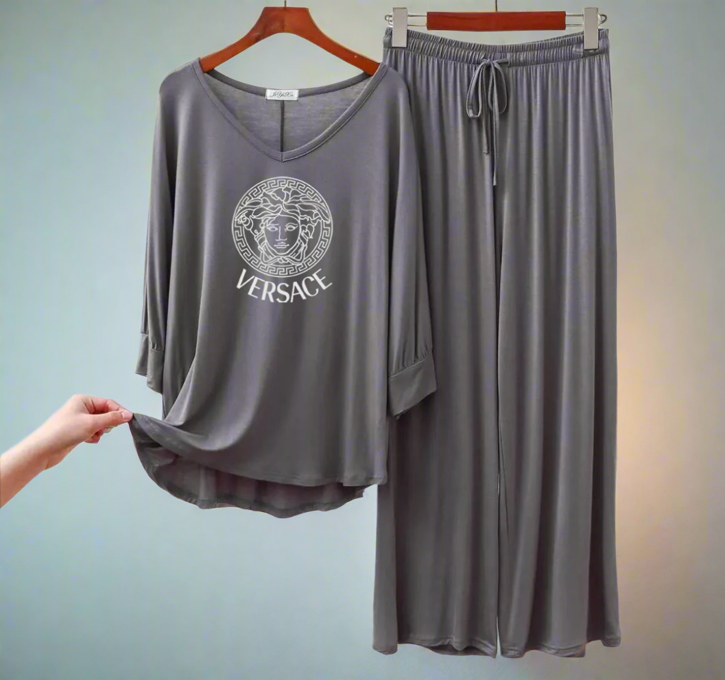 Dark Grey Versace Round Neck Palazzo PJ Set