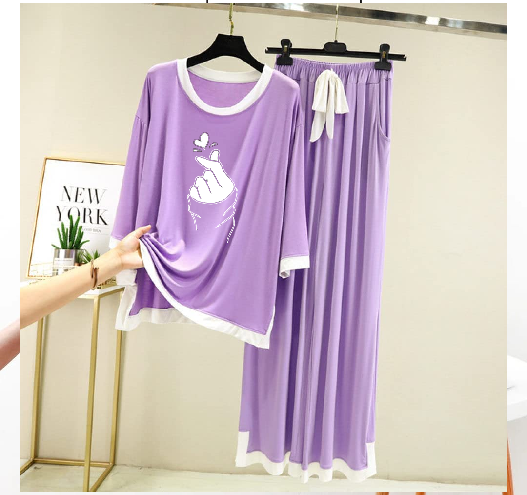 Purple K Pop Heart White Round Neck Plazzo PJ Set