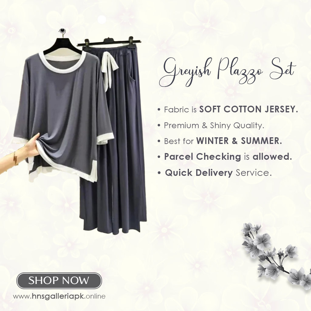 Grey White Round Neck Plazzo PJ Set