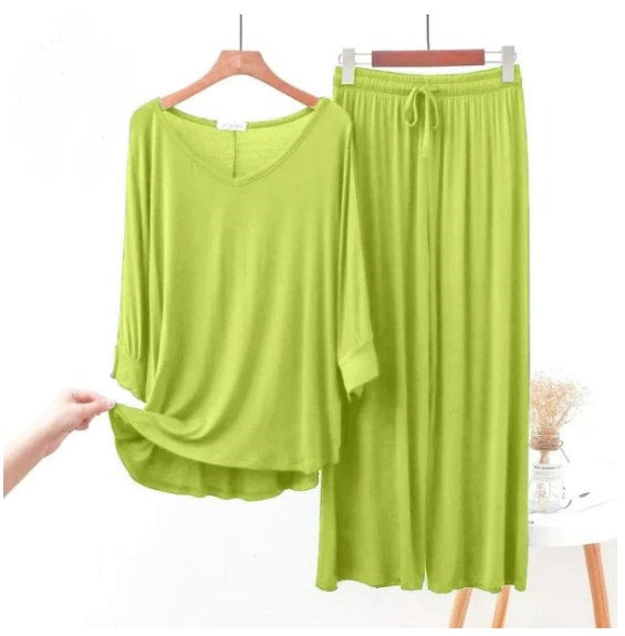 Lemon Green V-Neck Women Night Suit PJ Set