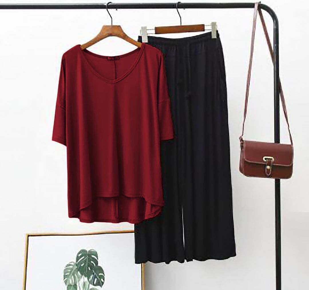 Plain Maroon V Neck Half Sleeves T Shirt with Black Palazzo