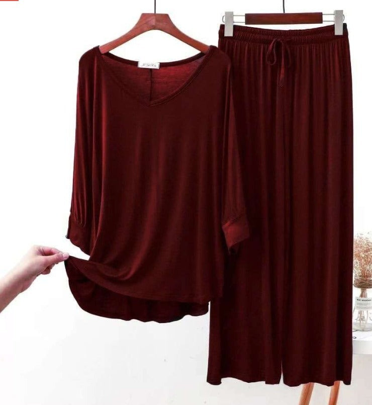 Plain Maroon V-Neck Full Sleeves Women Night Suit Palazzo PJ Set