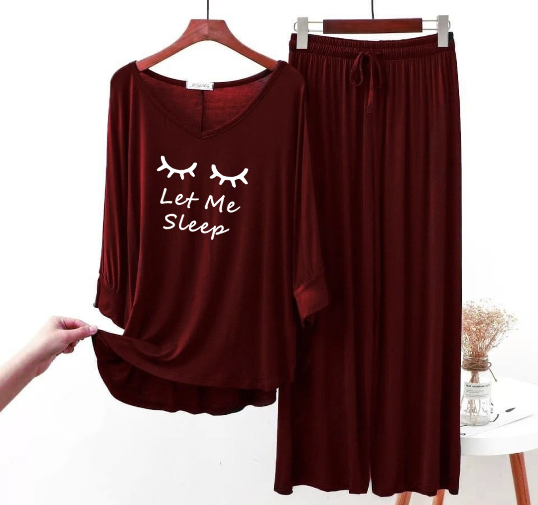 Maroon let me sleep V-Neck Women Night Suit Palazzo PJ Set