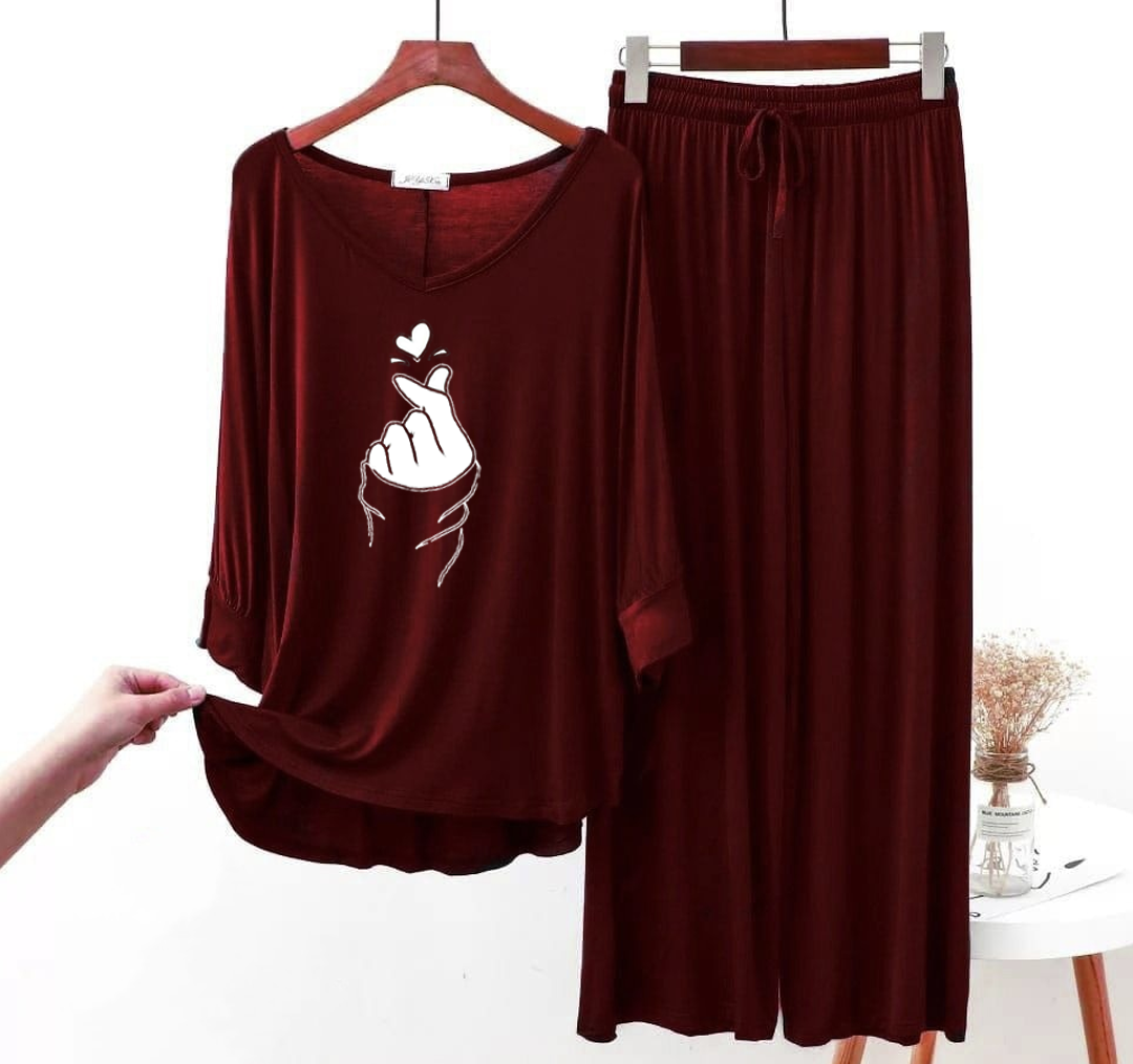 Maroon K-Pop Heart V-Neck Women Night Suit PJ Set