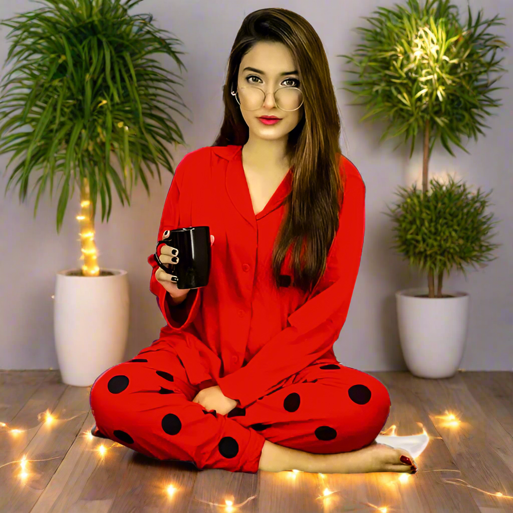 Red Button Style Nightwear - Full Sleeves