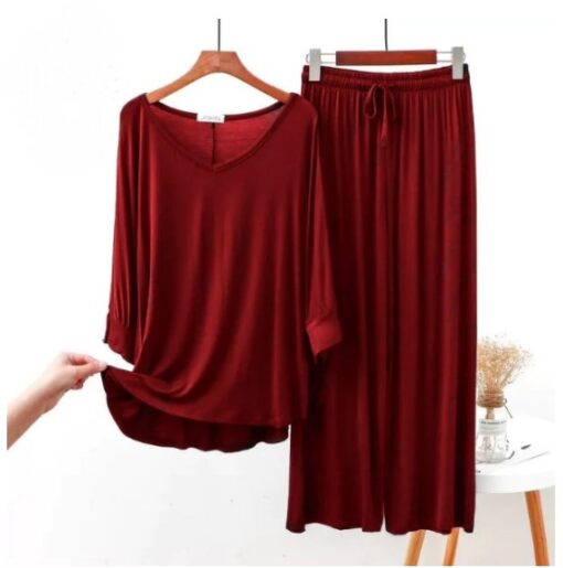 Maroon Nightwear Round Neck Plazzo PJ Set