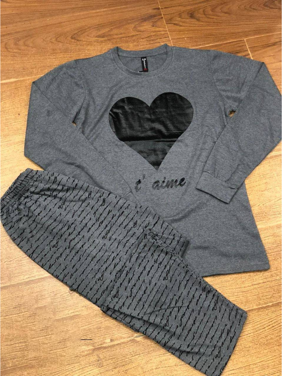 Grey Black Heart Nightwear - FULL SLEEVES