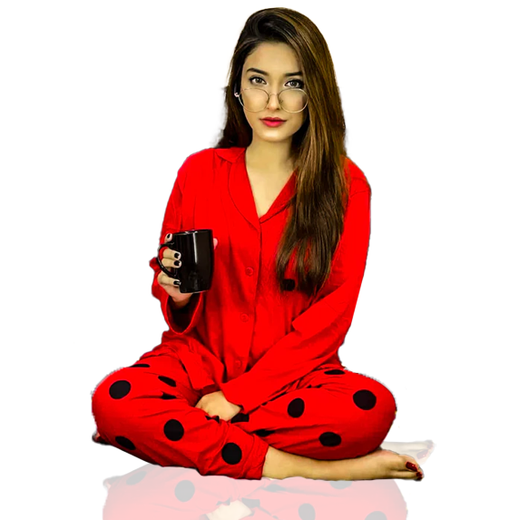 Red Button Style Nightwear - Full Sleeves